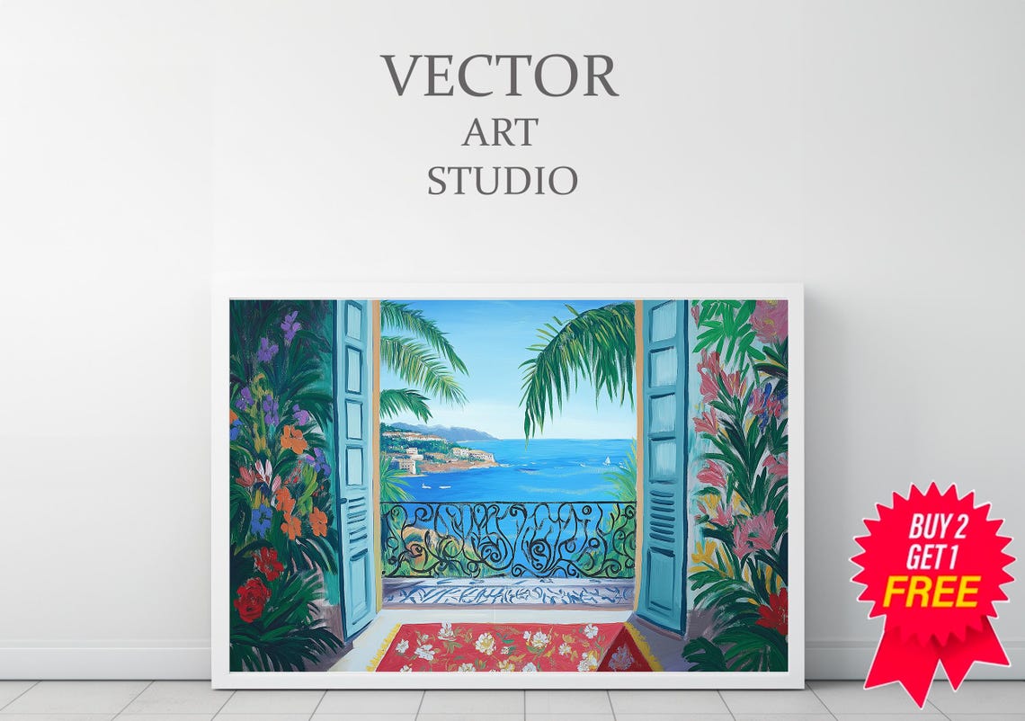 French Doors Opening to Coastal Balcony Mediterranean Sea View Print - Image 3