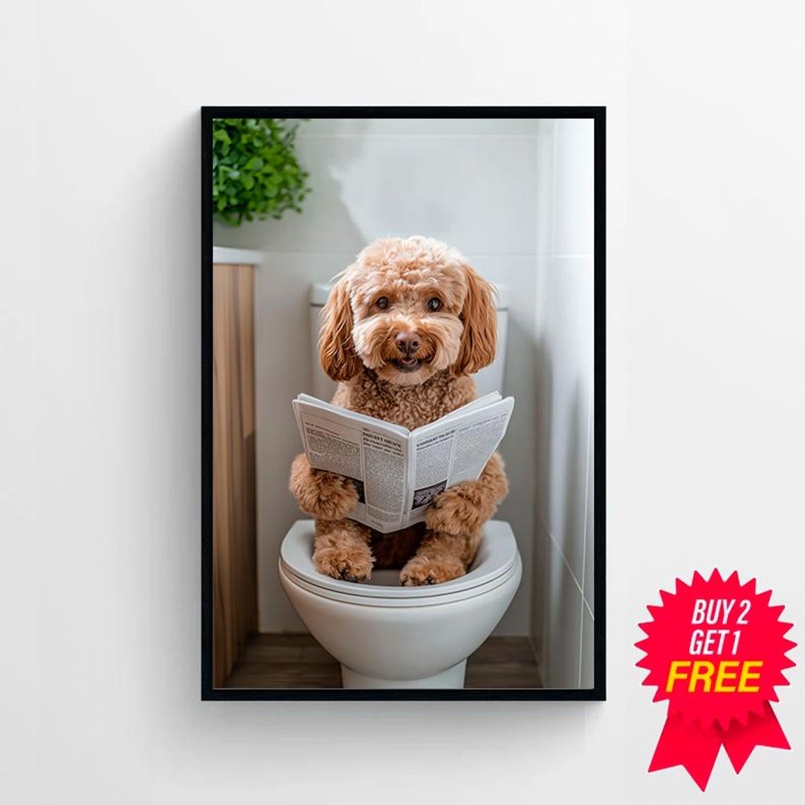 Cute Apricot Cavapoo Puppy Reading Newspaper on Toilet Bathroom Poster - Image 4