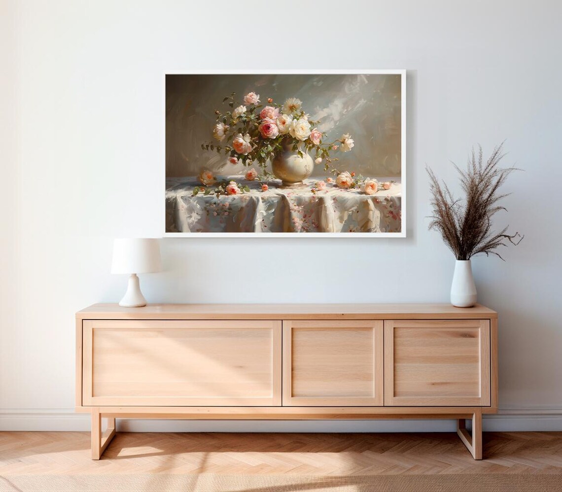 Blush Pink Roses Still Life in White Vase Vintage Floral Poster - Image 2