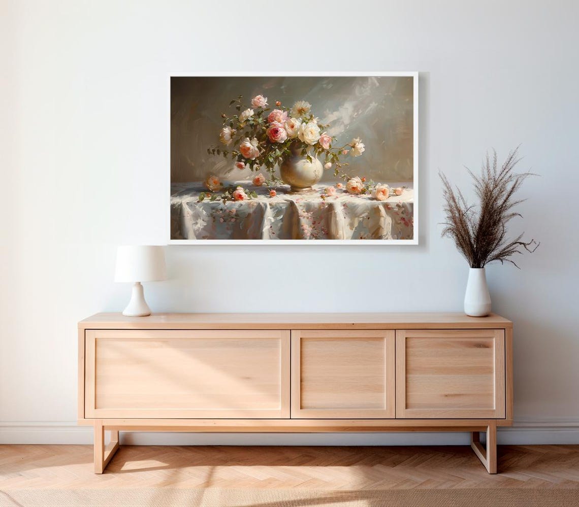 Frame Tv Art Pink Flowers Still Life Dark Moody Floral Tv Picture Tv Art Spring Frame Tv Art Mothers Day Pink Roses - Image 2