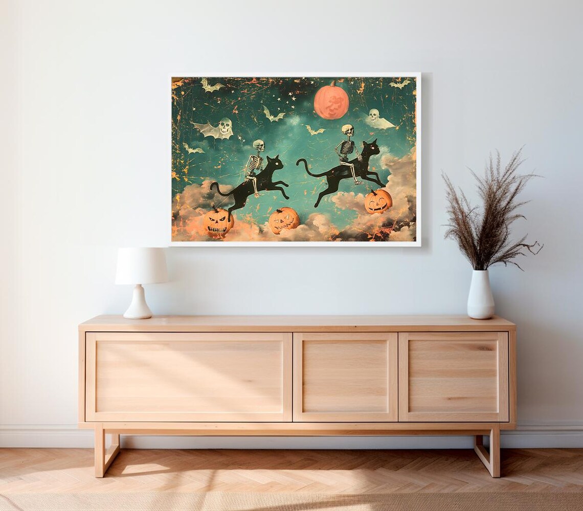Vintage Halloween Black Cat and Ghost Art Print - Image 2