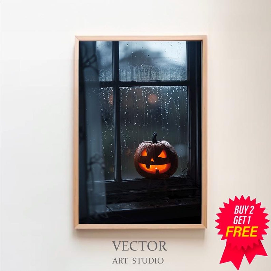 Glowing Jack O Lantern on Rainy Window Night Spooky Halloween Poster