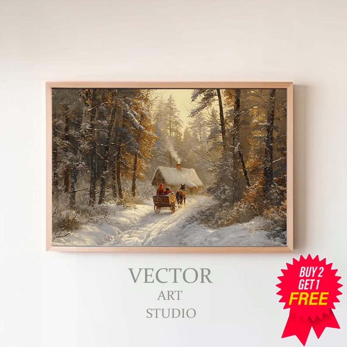 Snowy Forest Cabin with Horse-Drawn Sleigh Vintage Winter Poster