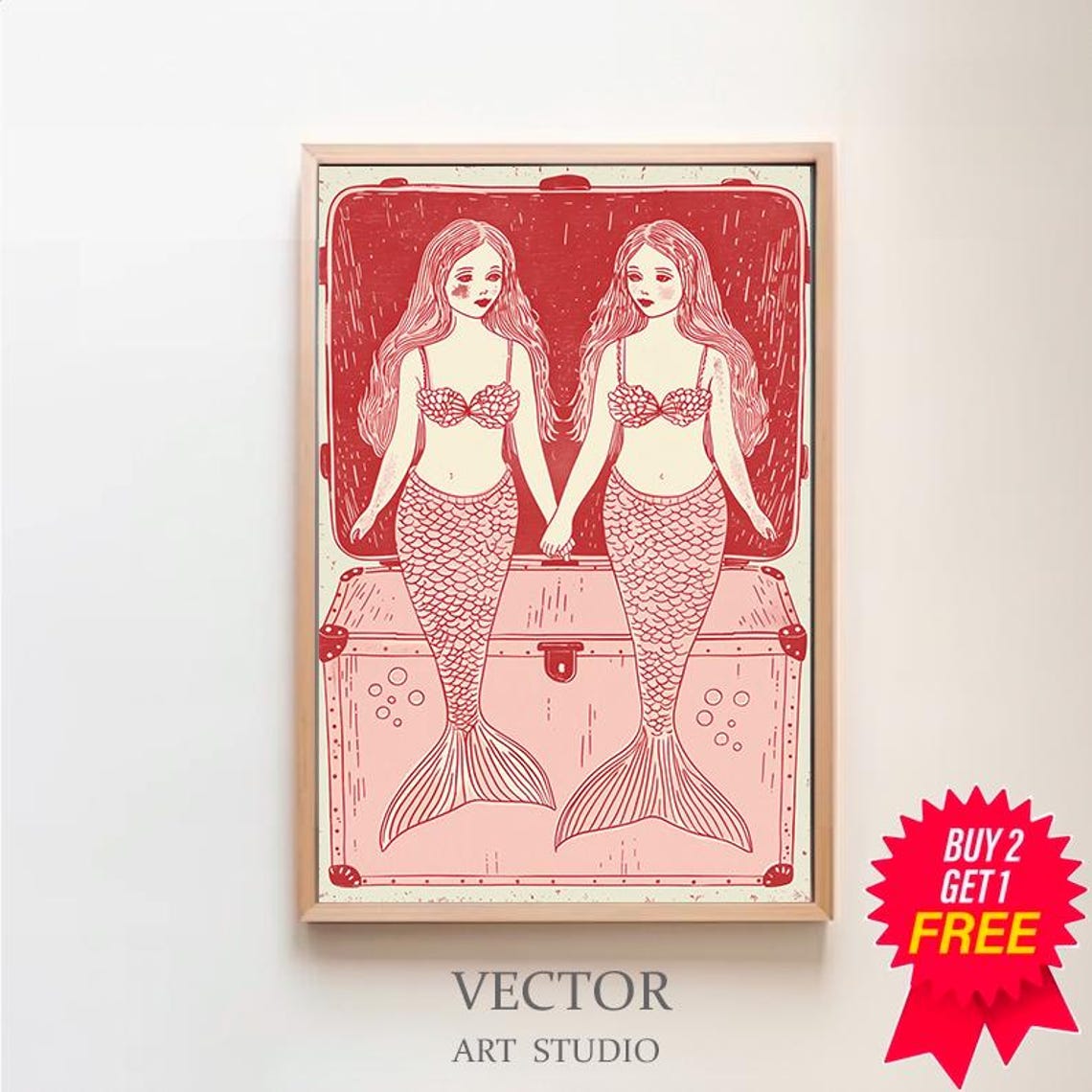 Twin Mermaids Holding Hands Red Duotone Folk Line Art Poster