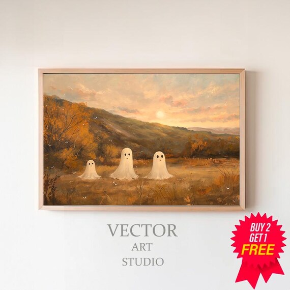 Cute Ghost Family in a Golden Autumn Field at Sunset Halloween Poster
