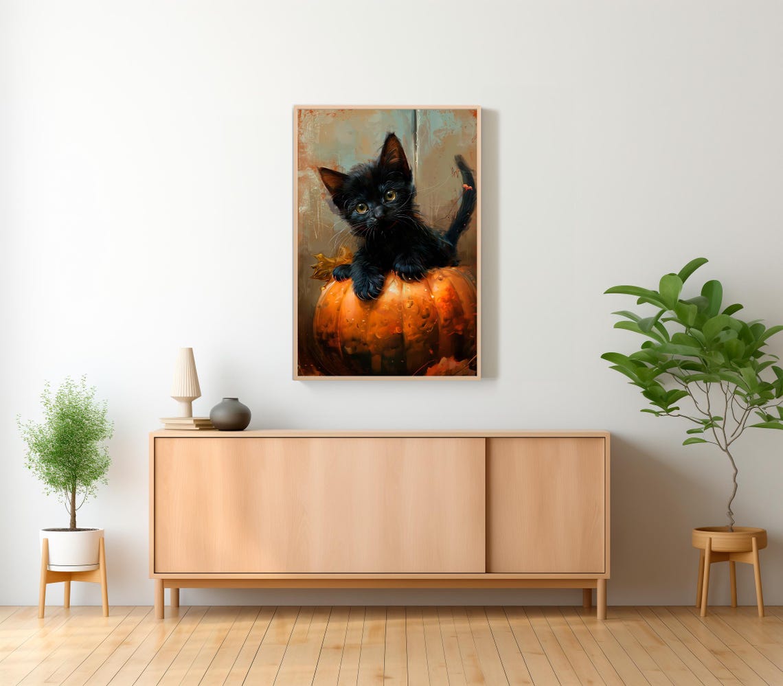Curious Black Kitten on Pumpkin with Tail Up Fall Halloween Poster - Image 2