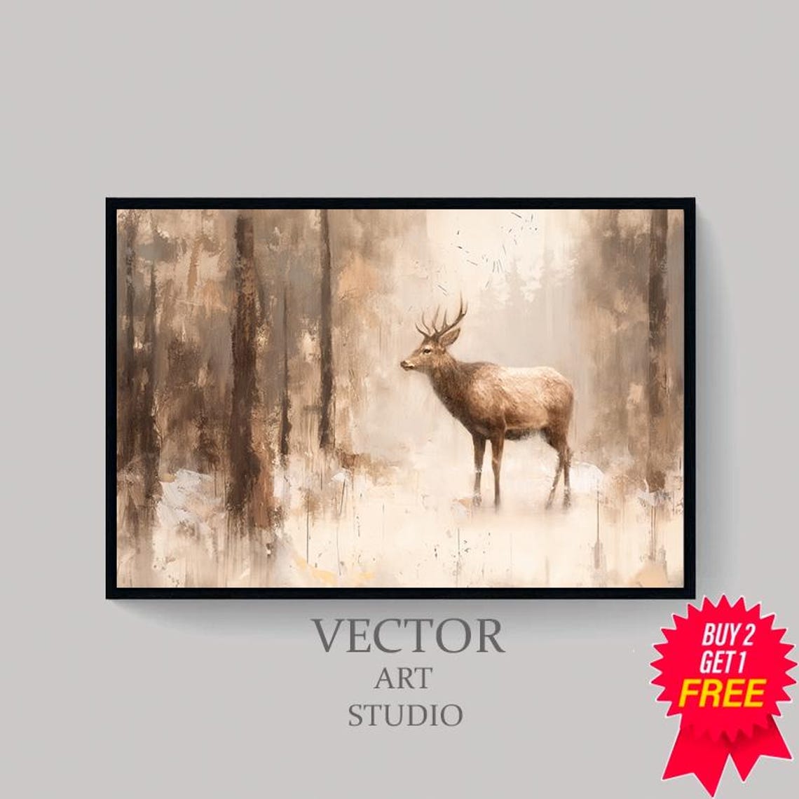 Standing Stag In Misty Beige Forest Vintage Style Deer Poster - Image 4