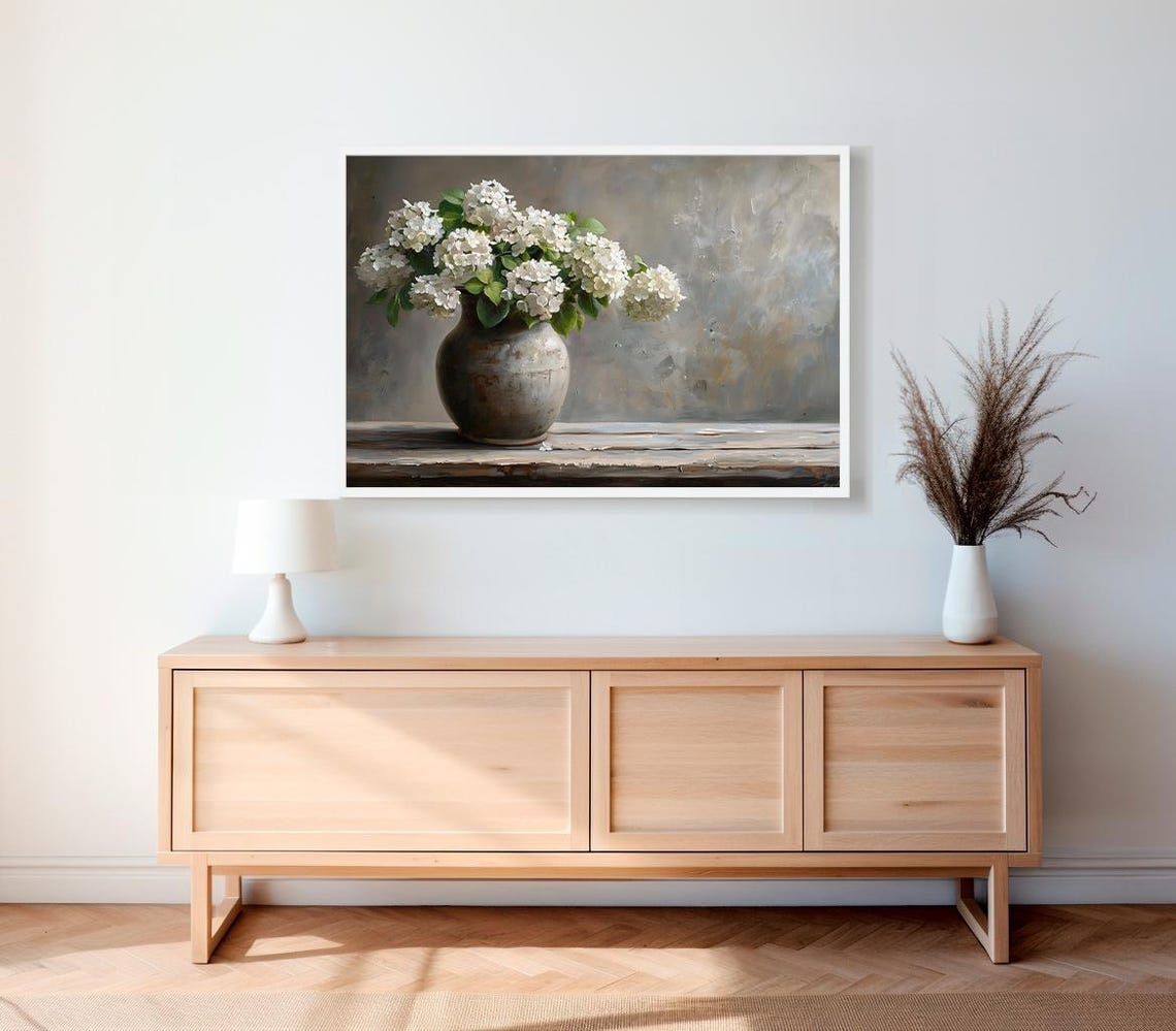 White Hydrangeas in a Rustic Vase on a Wooden Ledge Floral Art Poster - Image 2