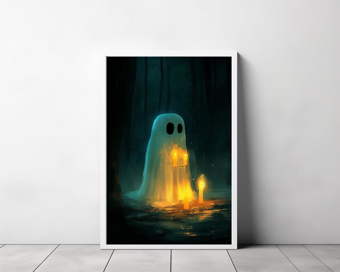 Cute Little Ghost with Candles Glowing in a Dark Forest Poster - Image 3
