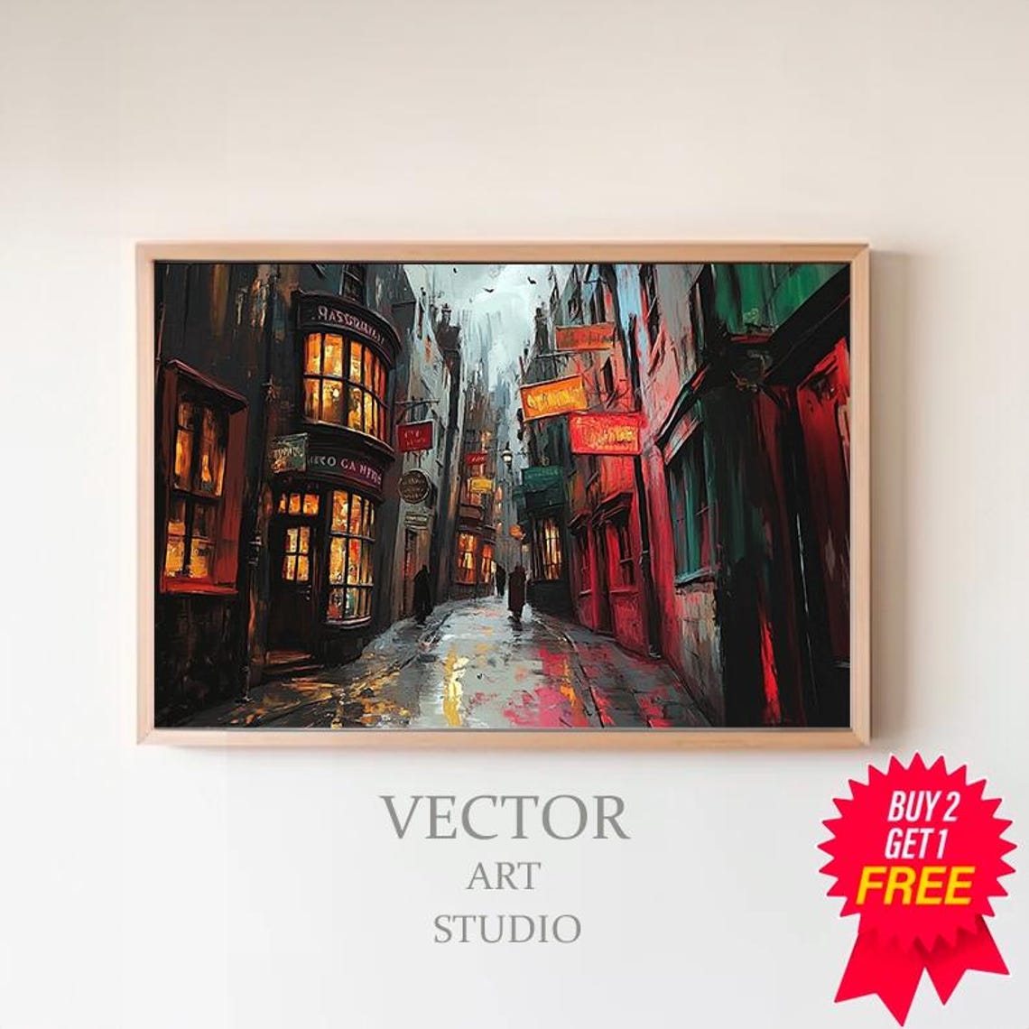Rainy Magical Alley At Night With Glowing Shopfronts Oil Poster