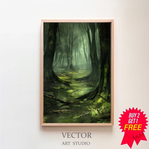 Foggy Green Swamp Forest With Gnarled Mossy Trees Gothic Art Poster