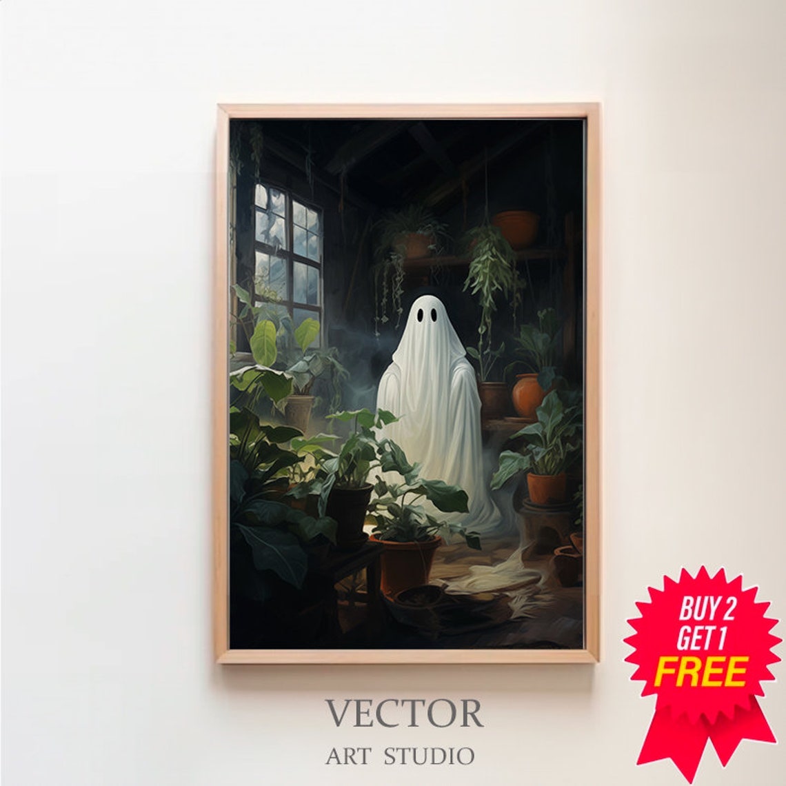 Plant Loving Ghost Standing in a Moody Greenhouse Conservatory Poster