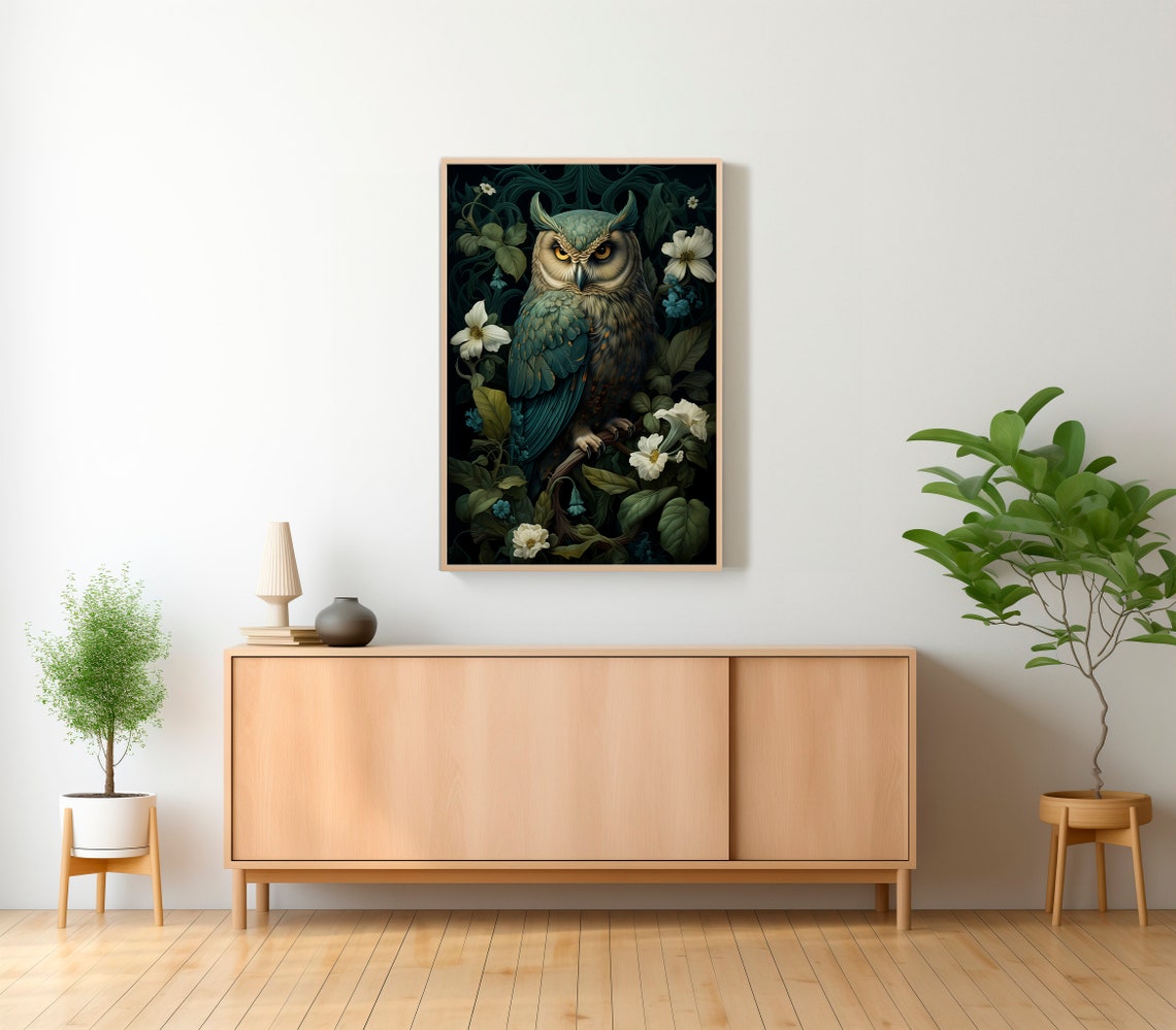 Great Horned Owl Among White Blossoms in a Dark Forest Art Poster - Image 2