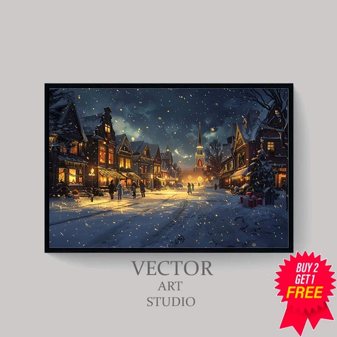 Snowy Main Street Christmas Night Shops Glow Holiday Town Poster - Image 4