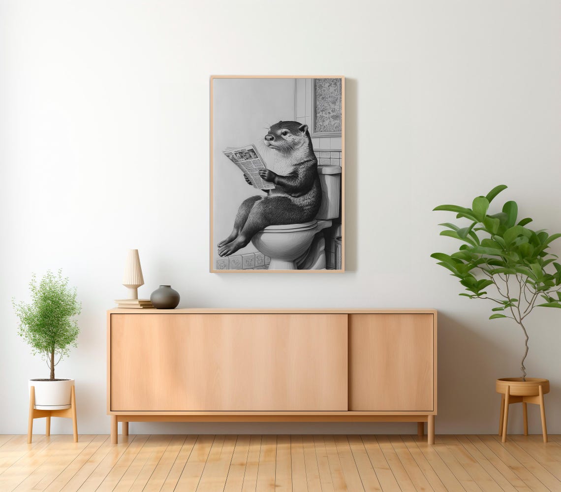 Funny Black and White Otter Reading Newspaper on a Toilet Poster - Image 2