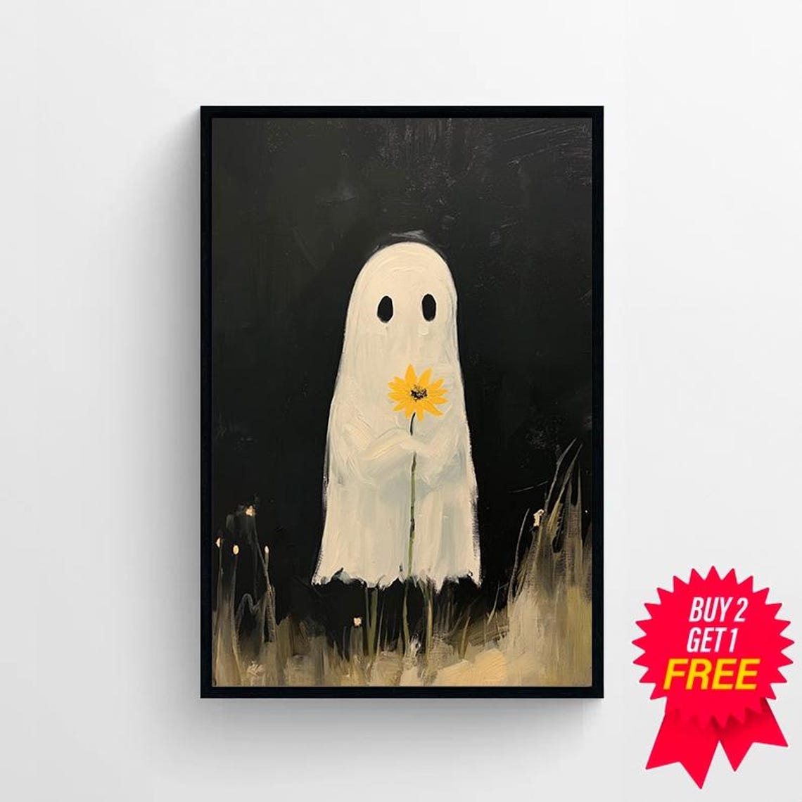 Sheet Ghost Holding a Sunflower Painted Black Background Art Poster - Image 4