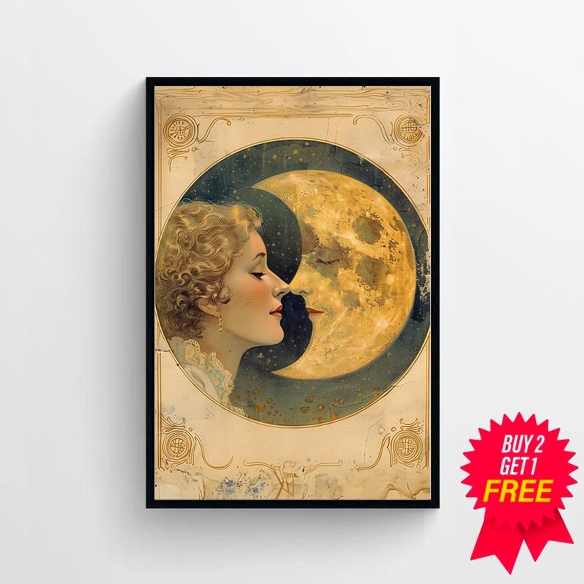 Woman Kissing The Moon Vintage Moon Art Vintage Moon Poster Celestial Art Dear Old Dixie Moon Moon Witch Art - Image 4