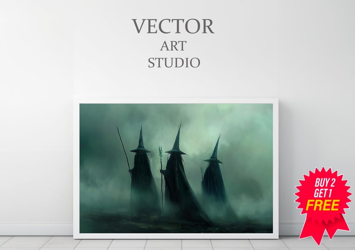 Three Witches In Thick Fog With Staffs Dark Green Coven Poster - Image 3
