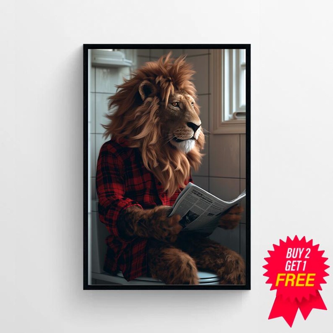 Funny Lion in Plaid Shirt Reading Newspaper on Toilet Bathroom Poster - Image 4