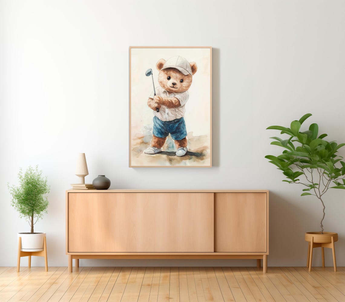 Cute Teddy Bear Golfer Nursery Watercolor Blue Shorts Cap Poster - Image 2