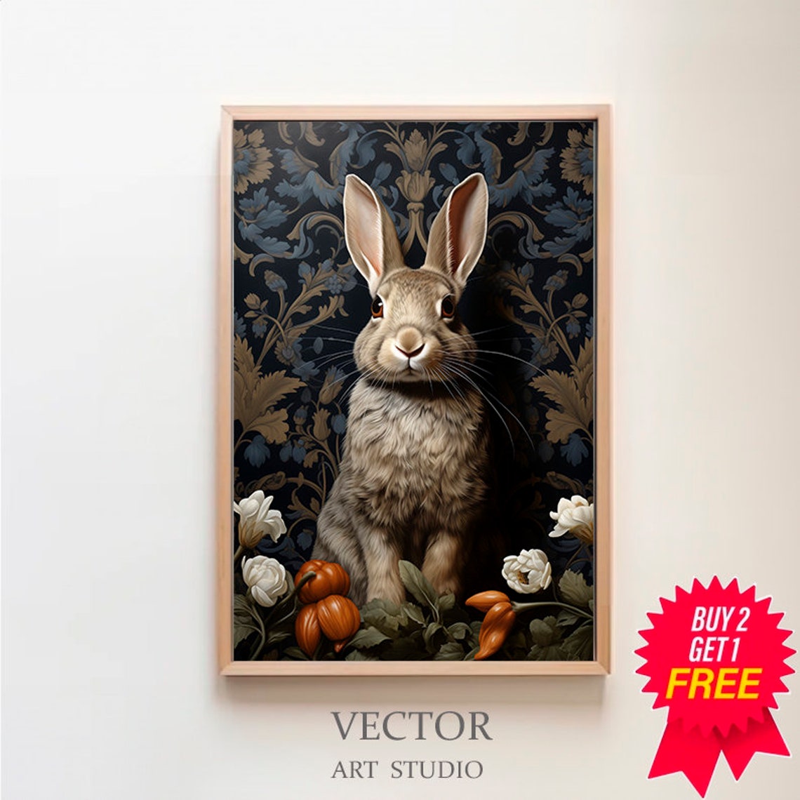 White Rabbit Botanical Night Garden Gold Damask Pattern Art Poster