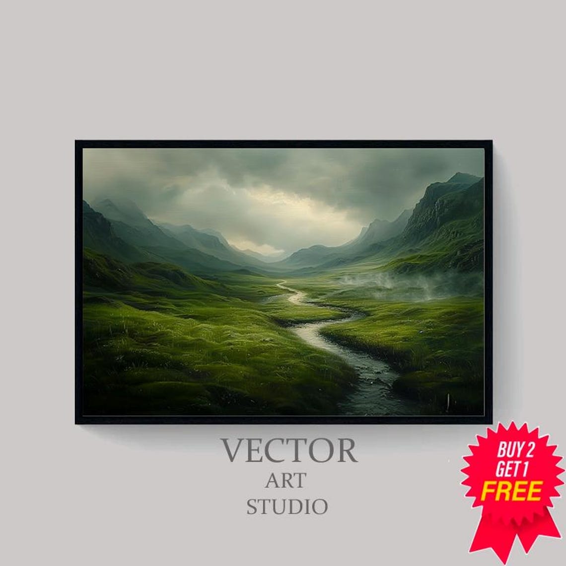 Stormy Green Valley With Winding River Ireland Landscape Art Poster - Image 4