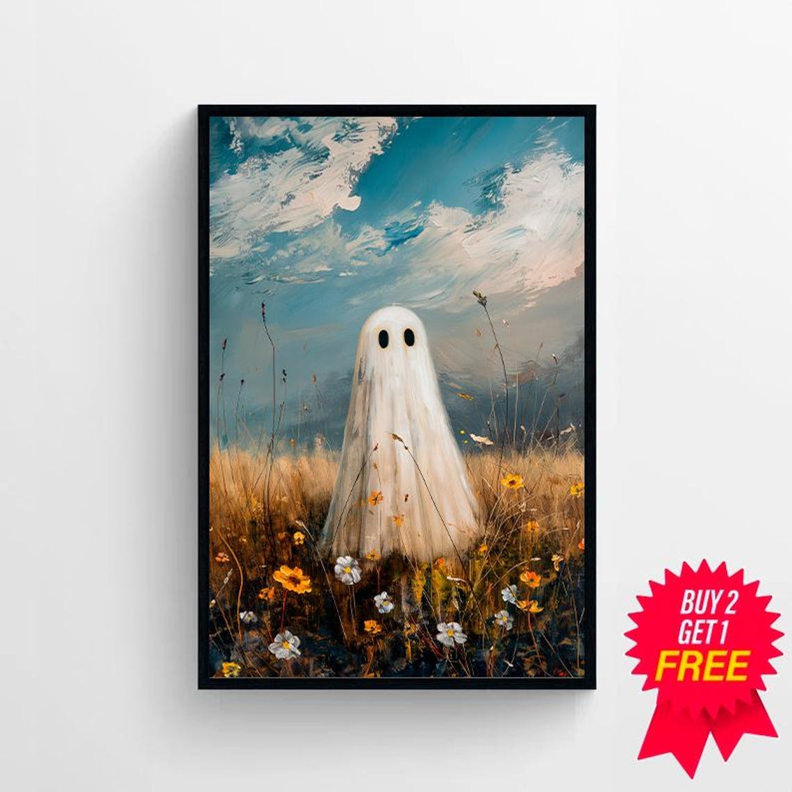 Cute Ghost in Wildflower Field Under Bright Blue Sky Halloween Poster - Image 4