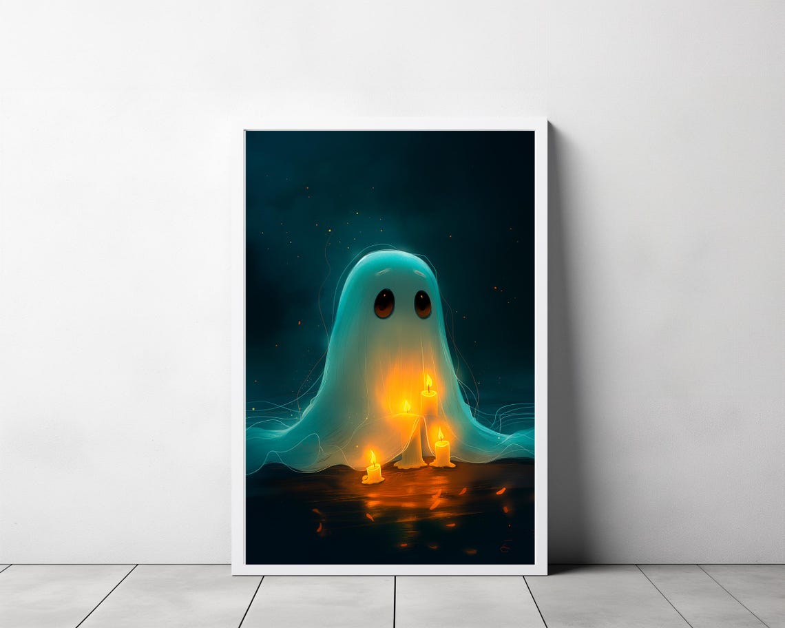Cute Little Ghost Holding Glowing Candles on a Dark Night Poster - Image 3