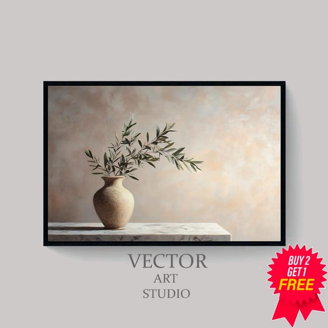 Clay Vase With Olive Sprigs On Marble Ledge Still Life Poster - Image 4