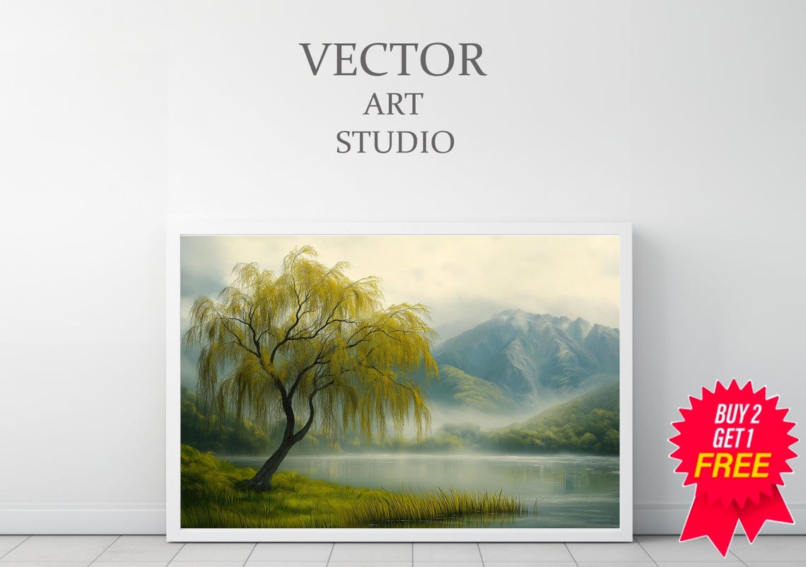Weeping Willow Landscape Art Wall Decor Weeping Willow Tree Painting Tranquil Art Moody Rustic Landscape Art - Image 3
