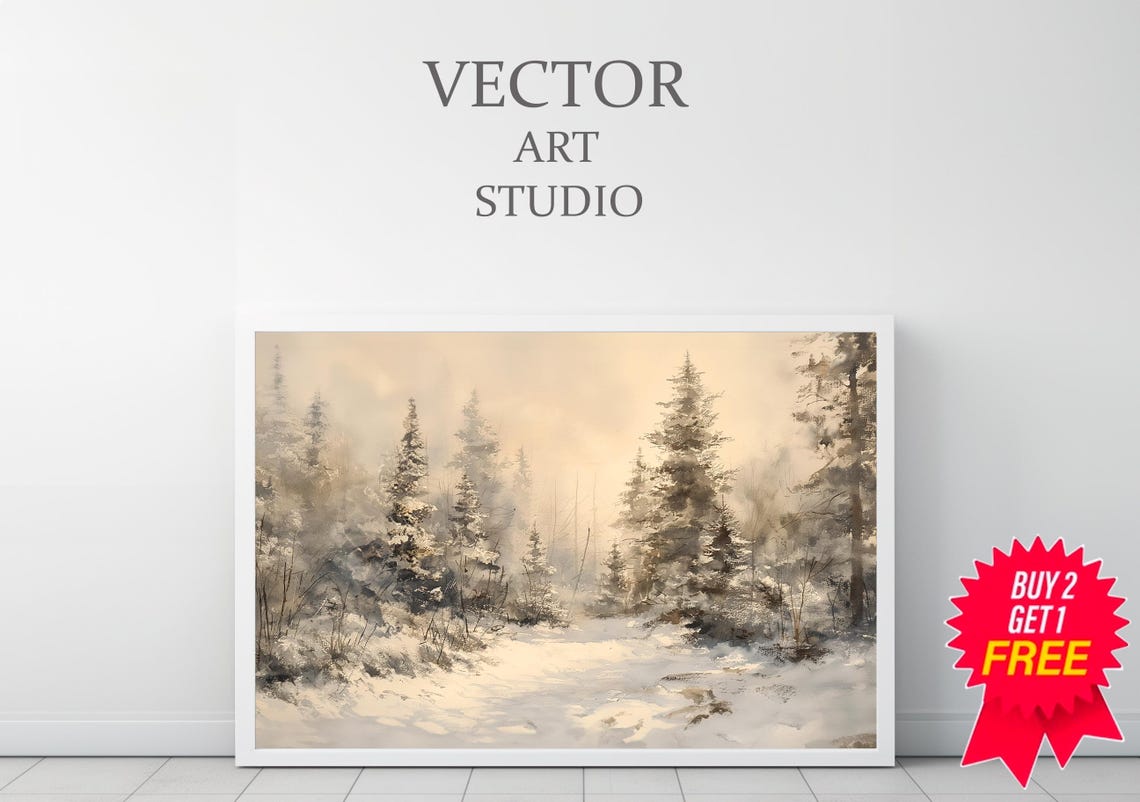Snowy Pine Forest in Mist Neutral Winter Watercolor Forest Poster - Image 3