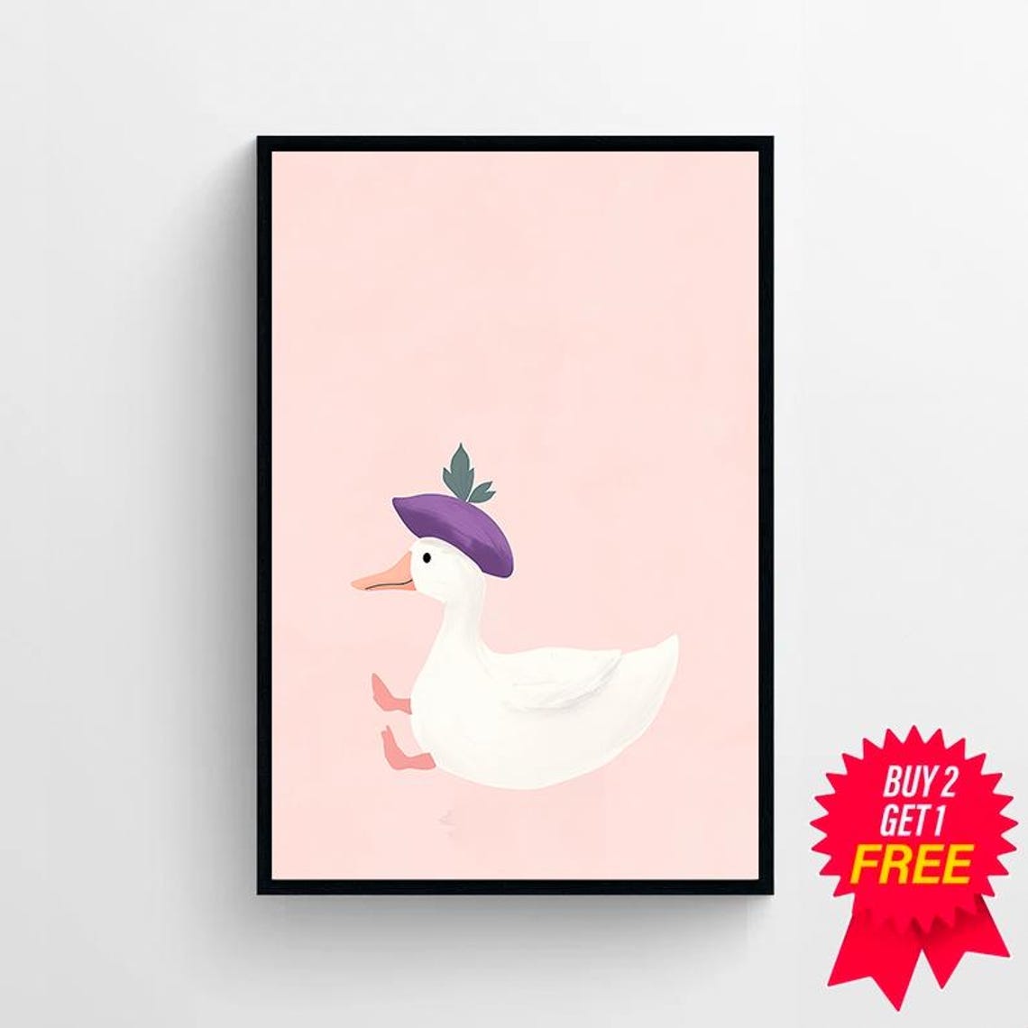 Cute Duck Wearing a Purple Hat Running on Pink Nursery Poster - Image 4