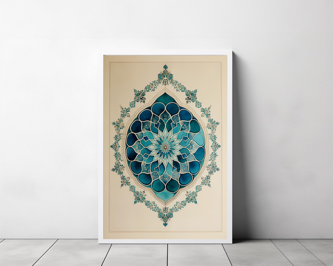 Teal Islamic Geometric Mandala Medallion on Cream Floral Art Poster - Image 3