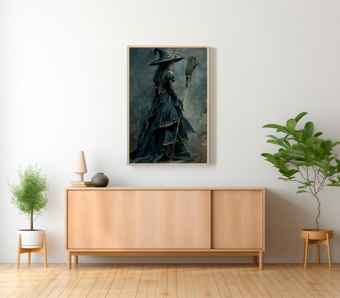 Mysterious Witch Walking Away with Broom Rear View Halloween Poster - Image 2