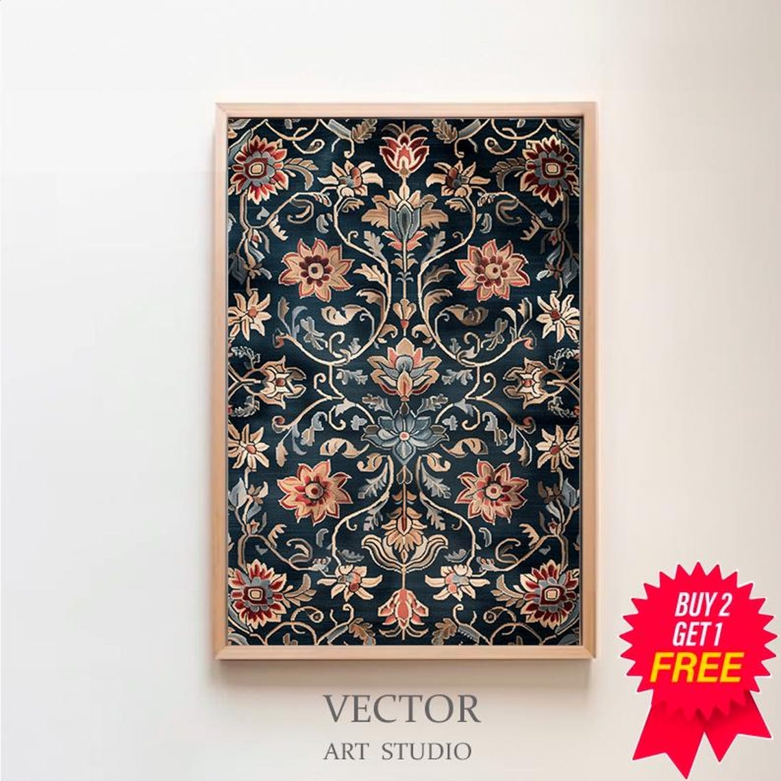 Vintage Navy Tapestry Floral Damask Pattern Textile Style Poster