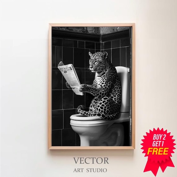 Leopard on Toilet Reading Newspaper Funny Black and White Art Poster