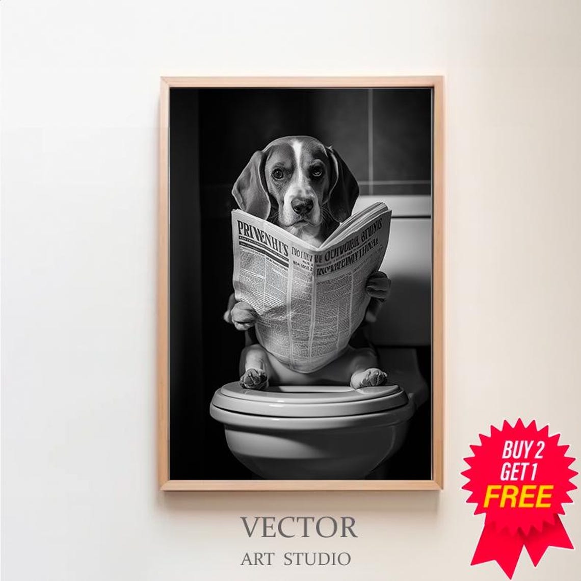Beagle Reading Newspaper on Toilet Funny Bathroom Animal Poster