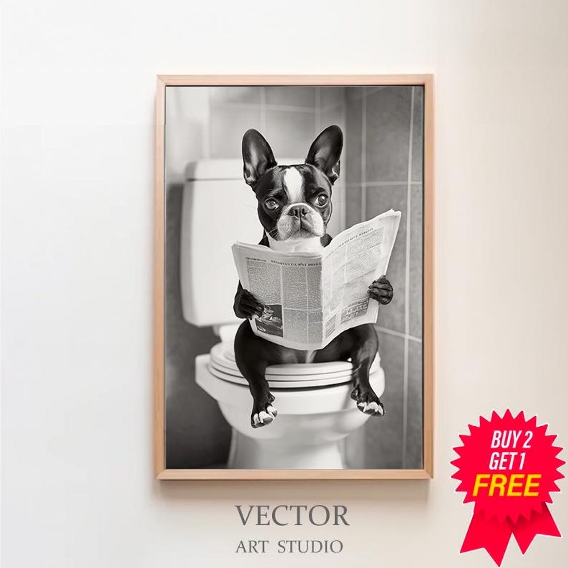 Boston Terrier Sitting on a Toilet Reading the Newspaper Poster