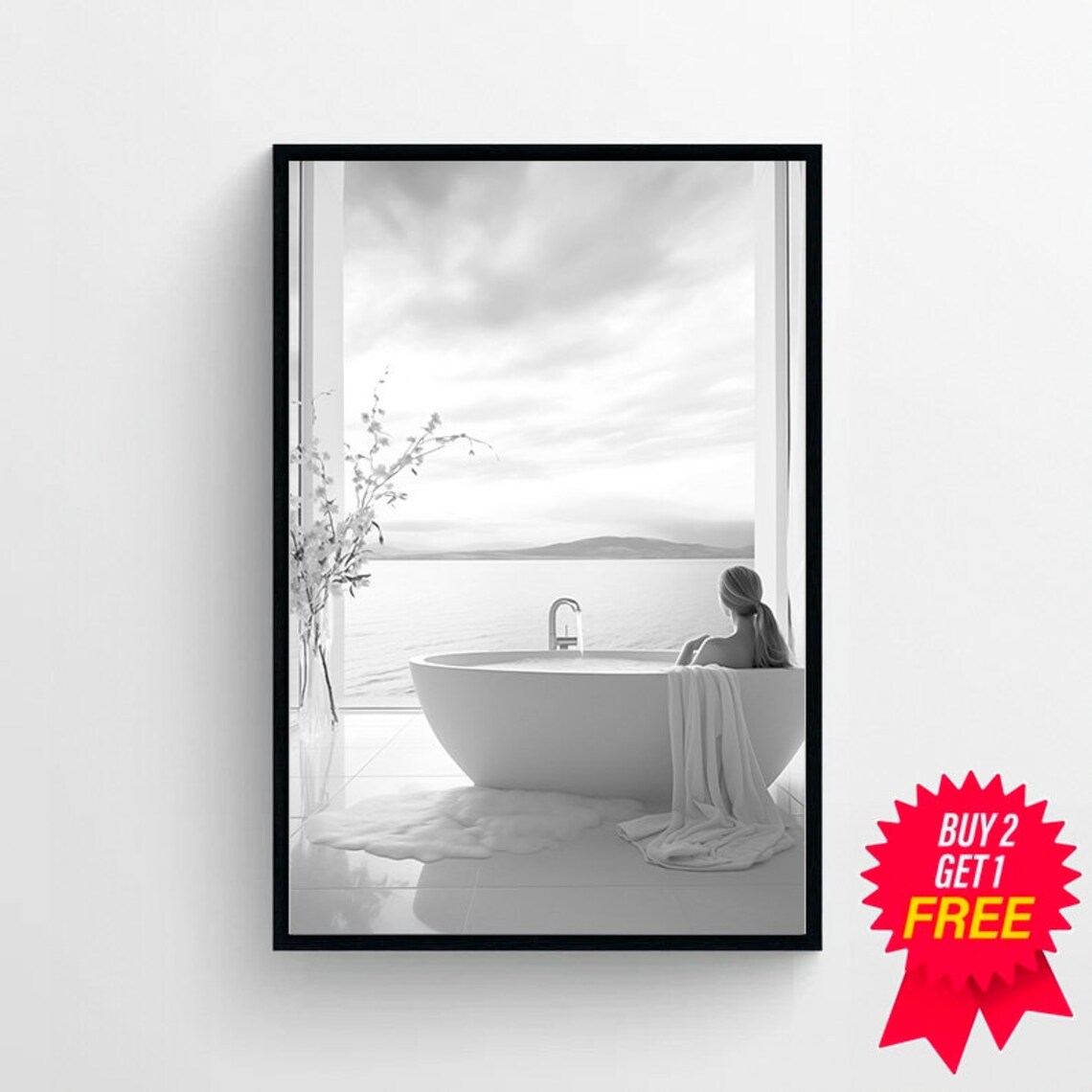 Woman Relaxing in a Bathtub by an Ocean View Window Photo Style Poster - Image 4
