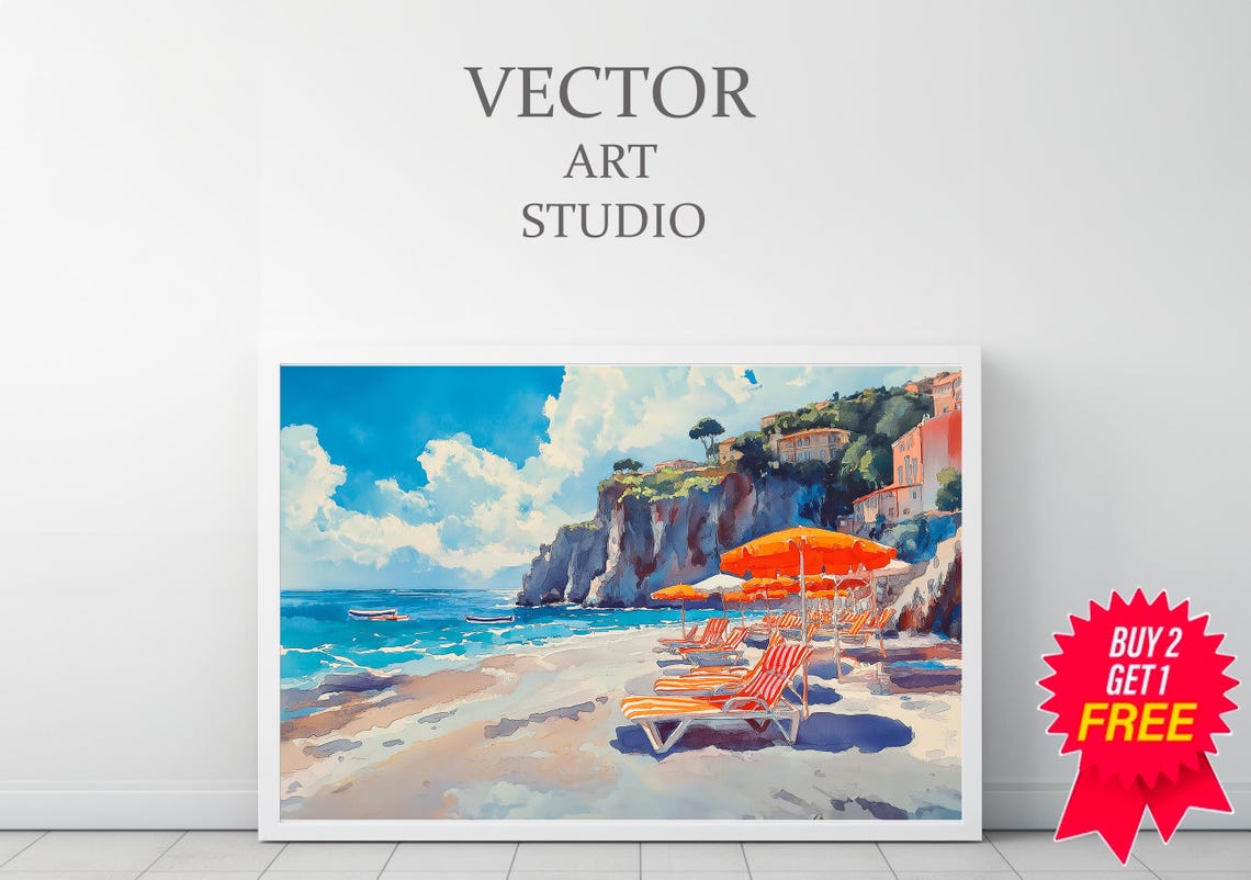 Capri Beach With Cliffside Buildings And Orange Umbrellas Poster - Image 3