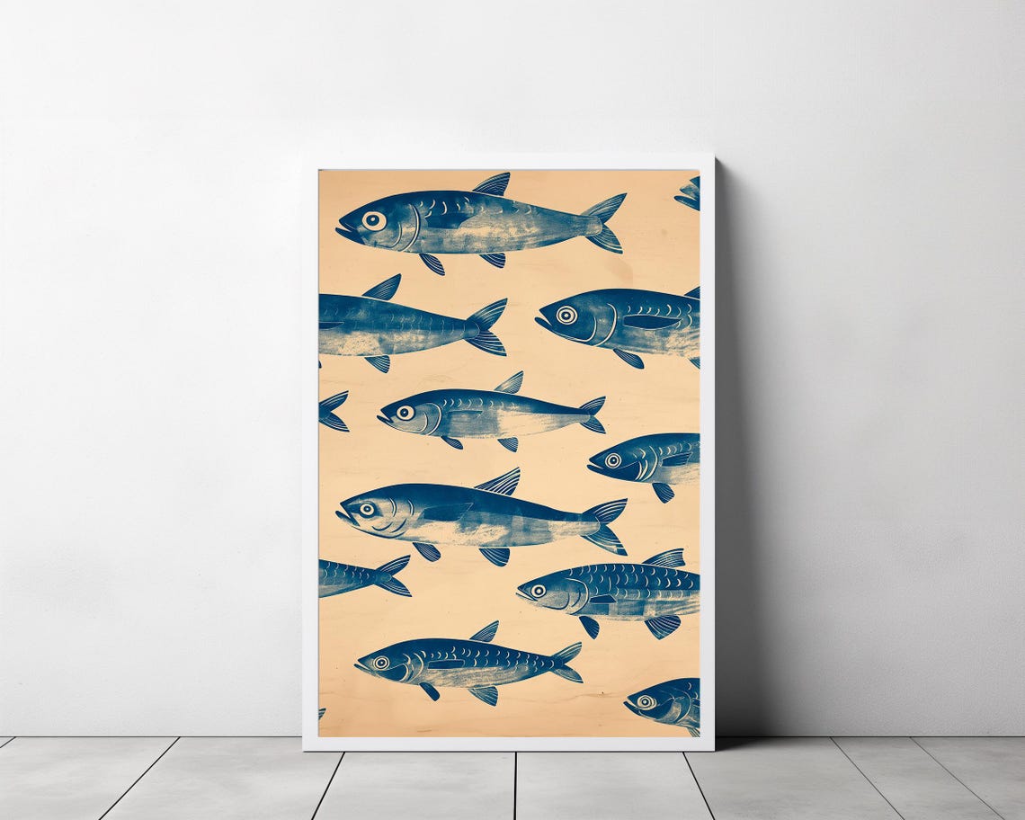 Retro Sardines School Pattern on Beige Kitchen Fish Art Poster - Image 3