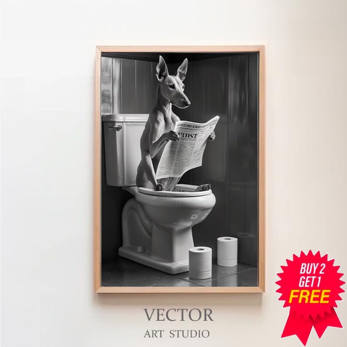 Greyhound Reading His Newspaper on the Toilet Funny Bathroom Poster