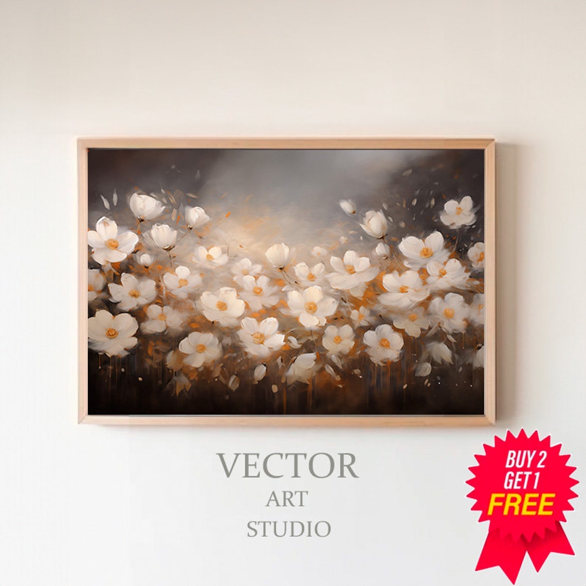White Wildflower Meadow on Dark Moody Background Botanical Art Poster