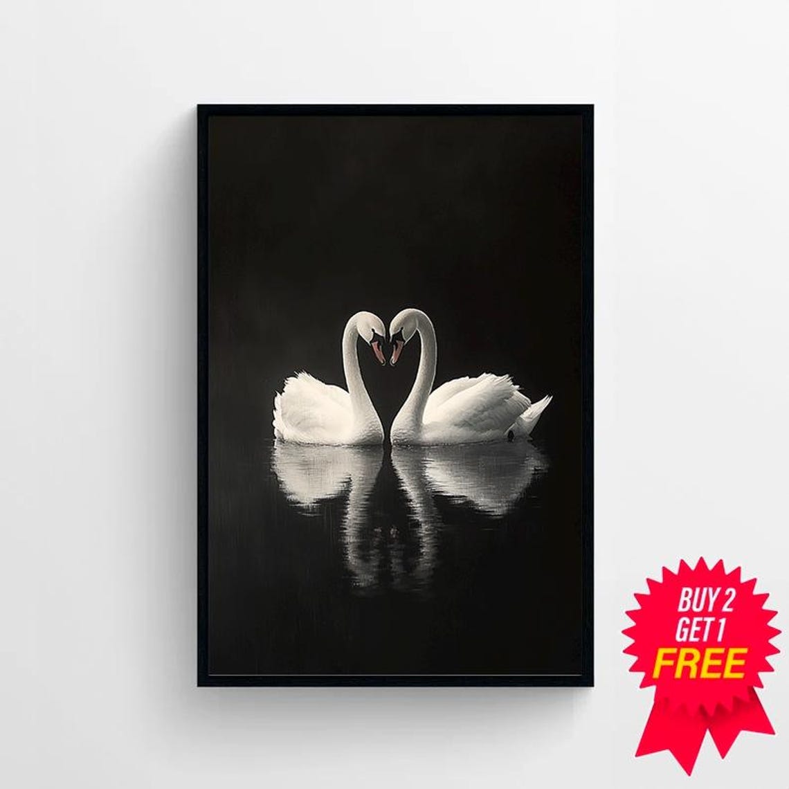 Two Swans Forming a Heart on Still Black Water Romantic Art Poster - Image 4