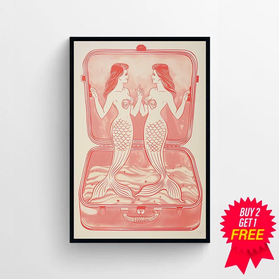 Twin Mermaids in a Pink Sardine Tin Retro Coastal Kitchen Art Poster - Image 4