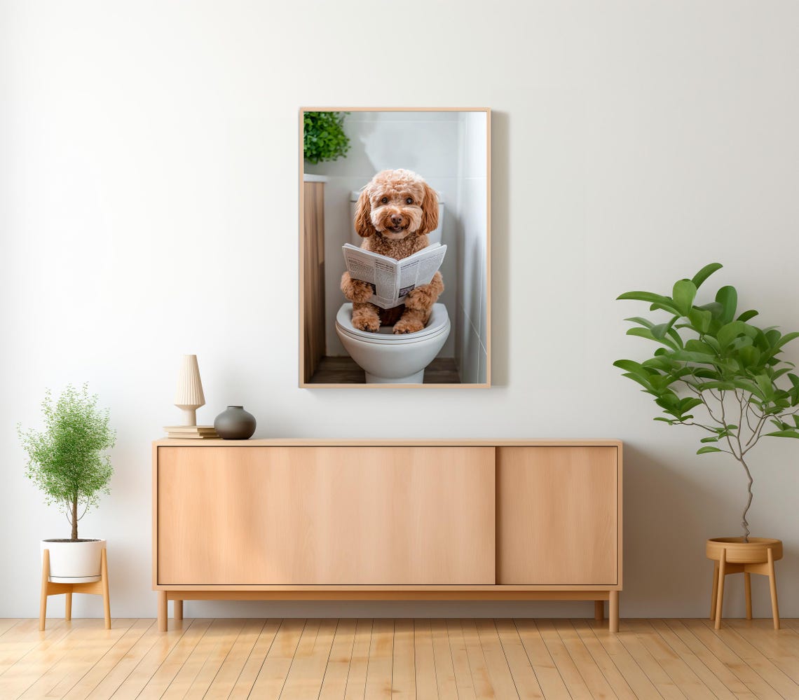 Cute Apricot Cavapoo Puppy Reading Newspaper on Toilet Bathroom Poster - Image 2