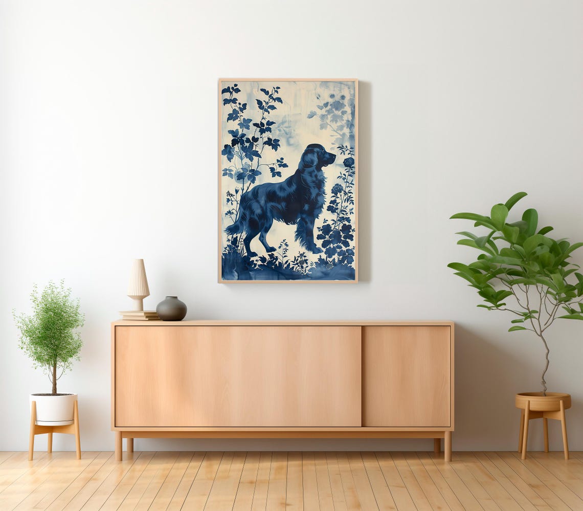 Blue Porcelain Style Dog Among Floral Branches Chinoiserie Art Print - Image 2
