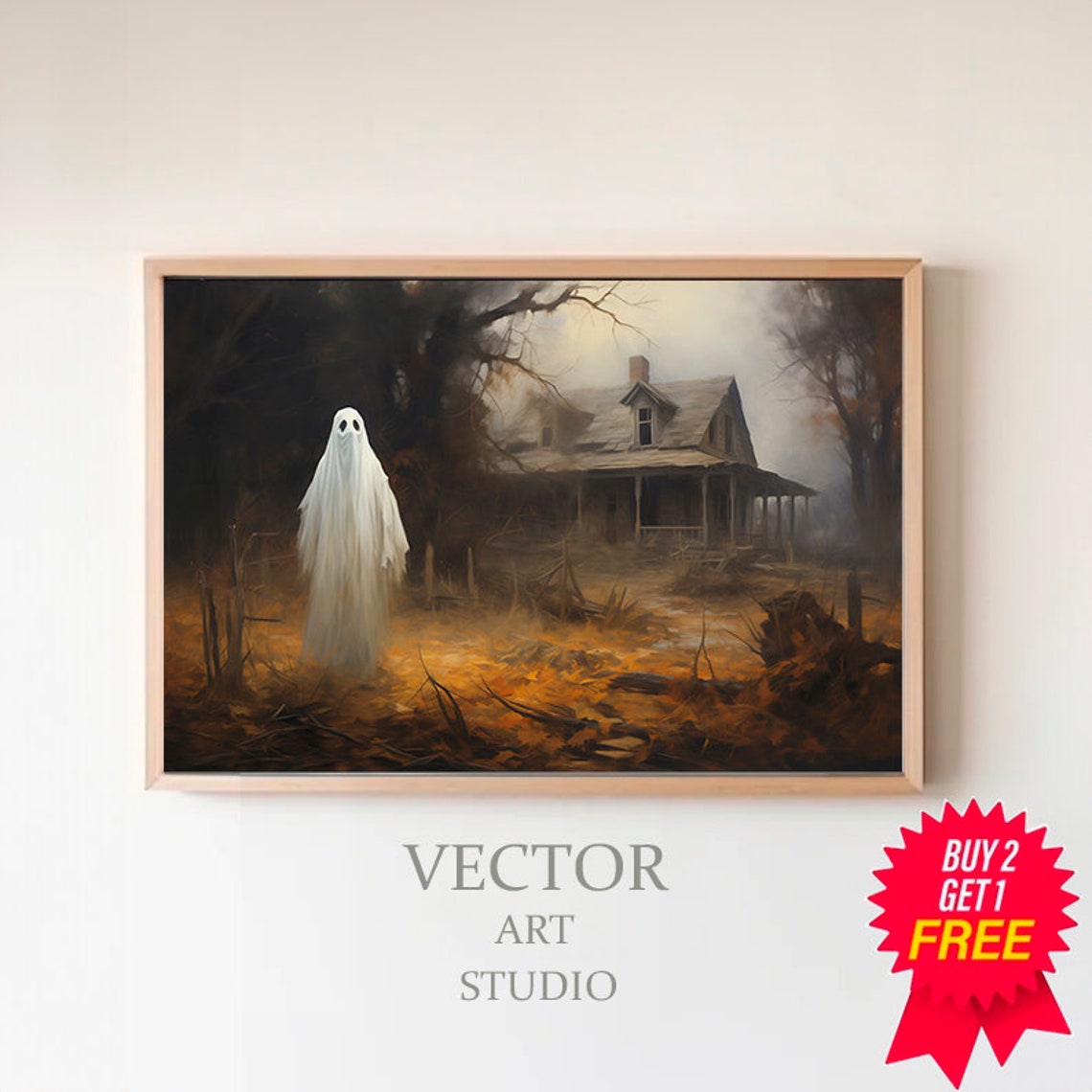 Ghost Before Old Farmhouse Misty Fall Haunted Halloween Poster