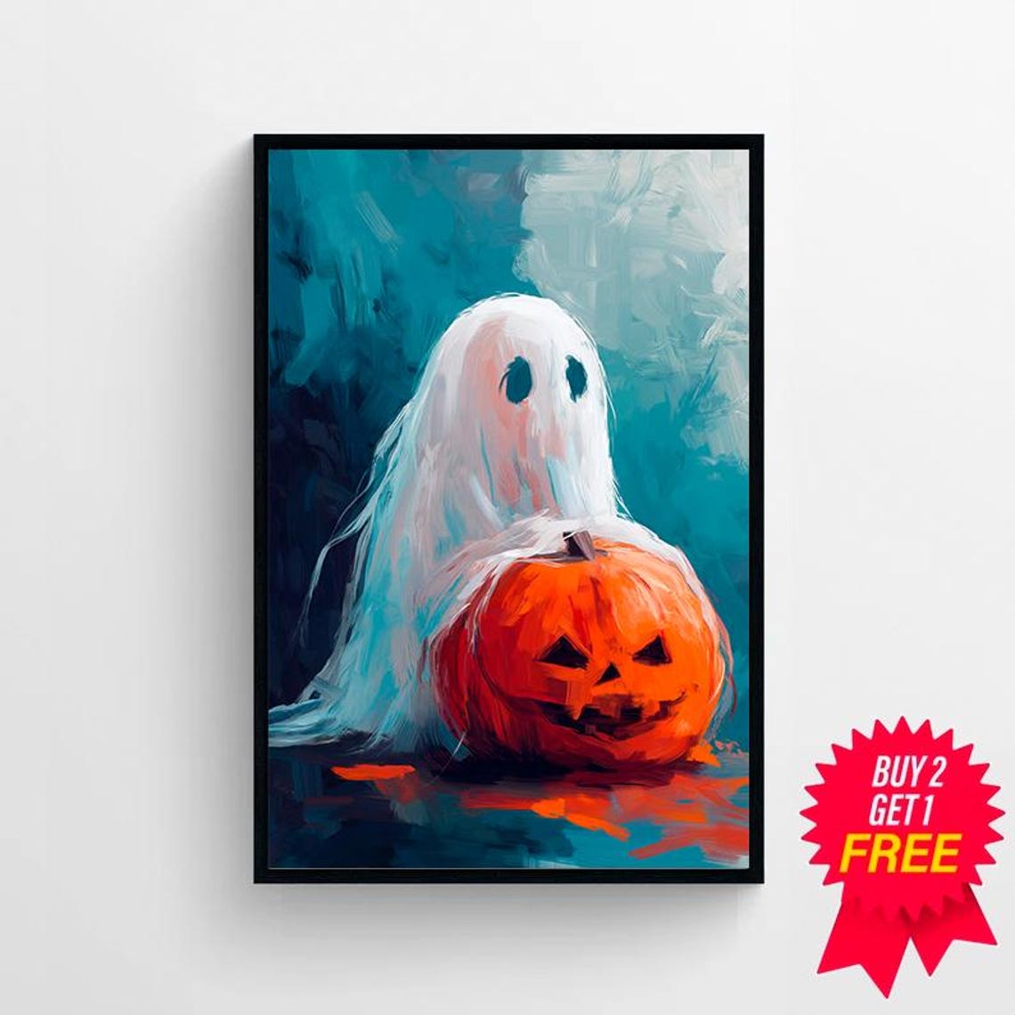 Cute Sheet Ghost Hugging a Jack-o-Lantern Halloween Teal Art Poster - Image 4