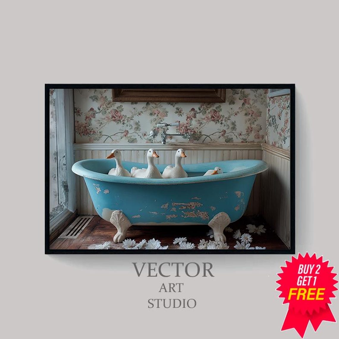 Geese In The Bathtub Oil Painting Funny Bathroom Wall Art Vintage Goose Print Animal In Bathtub Dark Humor Whimsy Animal Art - Image 4